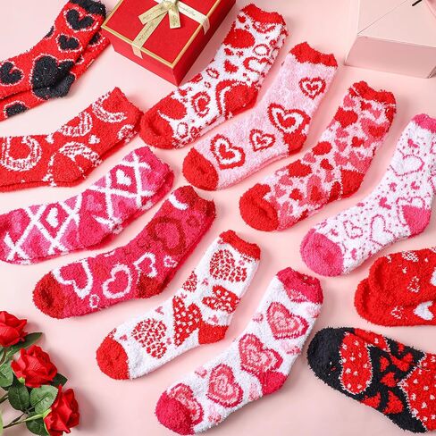 24 Pcs Valentine's Day Fuzzy Socks for Women Heart Socks Soft Red Fluffy Slipper Socks with Grips for Girl Cozy Cute Warm Winter Soft Holiday Socks for Valentine's Day Gift in Saudi Arabia