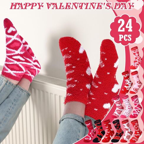 24 Pcs Valentine's Day Fuzzy Socks for Women Heart Socks Soft Red Fluffy Slipper Socks with Grips for Girl Cozy Cute Warm Winter Soft Holiday Socks for Valentine's Day Gift in Saudi Arabia