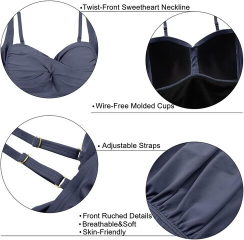 Hilor Women's Ruched Front Twist Tankini Tops Tummy Control Swimsuits Bathing Suits Retro Swim Tops in Saudi Arabia