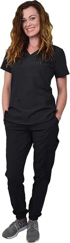 Green Town Scrubs for Women Scrub Set - Jogger Pant and V-Neck Top, 6 Pockets, Easy Care Uniforms-Black-XX-Large Tall in Saudi Arabia