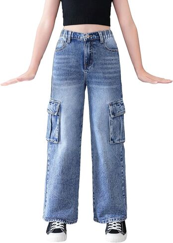OYOANGLE Girl's High Elastic Waist Flap Pockets Side Wide Leg Cargo Jeans Casual Fashion Baggy Trousers in Saudi Arabia