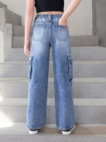 OYOANGLE Girl's High Elastic Waist Flap Pockets Side Wide Leg Cargo Jeans Casual Fashion Baggy Trousers in Saudi Arabia