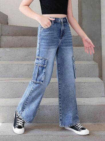 OYOANGLE Girl's High Elastic Waist Flap Pockets Side Wide Leg Cargo Jeans Casual Fashion Baggy Trousers in Saudi Arabia