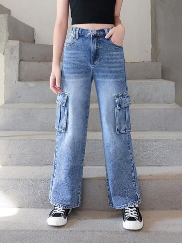 OYOANGLE Girl's High Elastic Waist Flap Pockets Side Wide Leg Cargo Jeans Casual Fashion Baggy Trousers in Saudi Arabia