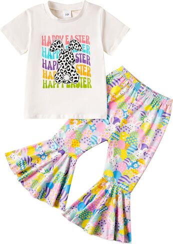 Girl Easter Outfit Short Sleeve Bunny T-Shir+Flared Bell Bottom Pants Easter Clothes 2-3T in Saudi Arabia