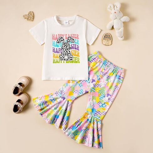 Girl Easter Outfit Short Sleeve Bunny T-Shir+Flared Bell Bottom Pants Easter Clothes 2-3T in Saudi Arabia