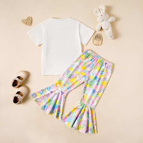 Girl Easter Outfit Short Sleeve Bunny T-Shir+Flared Bell Bottom Pants Easter Clothes 2-3T in Saudi Arabia