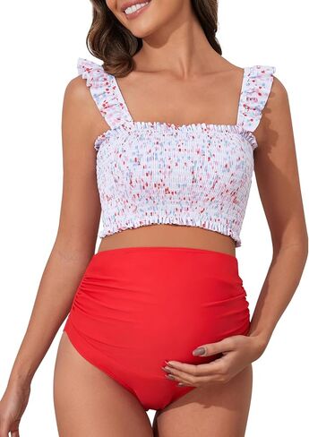 Summer Mae Maternity High Waist Bikini Swimsuit Two Piece Ruffled Hem Cute Bathing Suit Floral Pregnancy Swimwear in Kuwait
