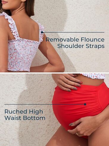 Summer Mae Maternity High Waist Bikini Swimsuit Two Piece Ruffled Hem Cute Bathing Suit Floral Pregnancy Swimwear in Kuwait