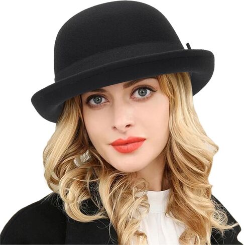 Winter Wool Bowler Derby Hat - Classic Pork-Pie Hat Rolled Brim Fedora Hat for Men Women Crushable in Saudi Arabia