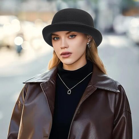 Winter Wool Bowler Derby Hat - Classic Pork-Pie Hat Rolled Brim Fedora Hat for Men Women Crushable in Saudi Arabia