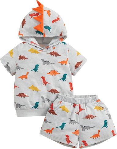 Suealasg Boys shorts set dinosaur print top hooded short sleeve t-shirt toddler Elastic Waist Shorts summer 2Pcs outfits 1-6T in Saudi Arabia