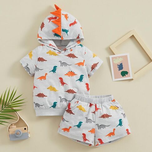 Suealasg Boys shorts set dinosaur print top hooded short sleeve t-shirt toddler Elastic Waist Shorts summer 2Pcs outfits 1-6T in Saudi Arabia