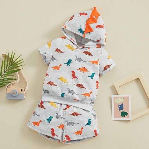 Suealasg Boys shorts set dinosaur print top hooded short sleeve t-shirt toddler Elastic Waist Shorts summer 2Pcs outfits 1-6T in Saudi Arabia