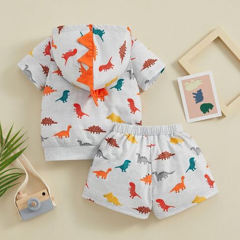 Suealasg Boys shorts set dinosaur print top hooded short sleeve t-shirt toddler Elastic Waist Shorts summer 2Pcs outfits 1-6T in Saudi Arabia