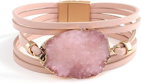 Pink Genuine Leather Wrap Bracelet for Women Boho Layered Cuff Bracelets With Resin Stone Charm Multi Strand Bangle Bracelets Jewelry for Teen Girls Sister and Mother in Saudi Arabia