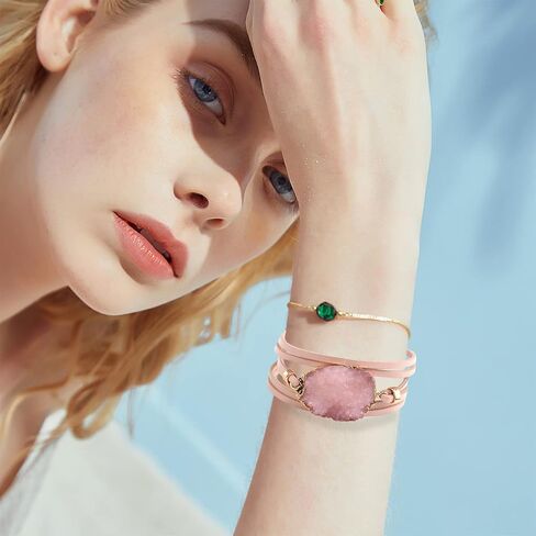 Pink Genuine Leather Wrap Bracelet for Women Boho Layered Cuff Bracelets With Resin Stone Charm Multi Strand Bangle Bracelets Jewelry for Teen Girls Sister and Mother in Saudi Arabia