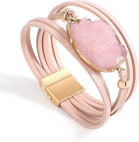 Pink Genuine Leather Wrap Bracelet for Women Boho Layered Cuff Bracelets With Resin Stone Charm Multi Strand Bangle Bracelets Jewelry for Teen Girls Sister and Mother in Saudi Arabia