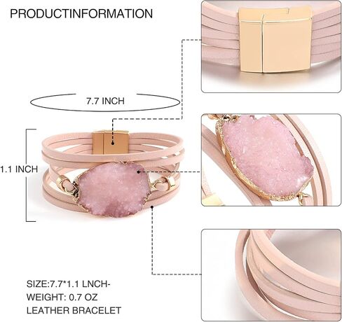 Pink Genuine Leather Wrap Bracelet for Women Boho Layered Cuff Bracelets With Resin Stone Charm Multi Strand Bangle Bracelets Jewelry for Teen Girls Sister and Mother in Saudi Arabia