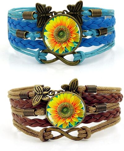 Caiyao 2Pcs Retro Braide Butterfly Infinity Sunflower Bracelet Set for Women Girl Teen Multilayered Adjustable You are My Sunshine Leather Flower Bracelet Vintage Jewelry in Saudi Arabia