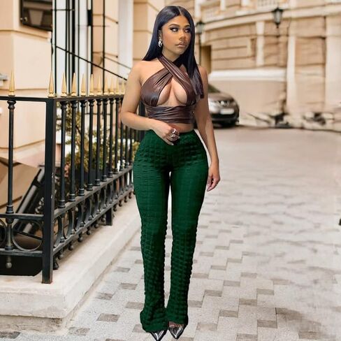 Women's Sexy Bell Bottom Pants Bootcut Bubble Flare Leggings High Waist Stretchy Wide Leg Trousers Club Night in Kuwait