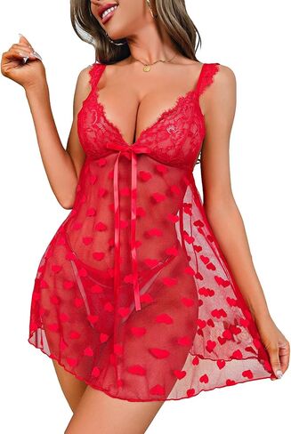 COZYEASE Women's 2 Piece Outfits Heart Graphic Lace Bow Sheer Mesh Babydolls Lingerie Teddy Dress in Saudi Arabia