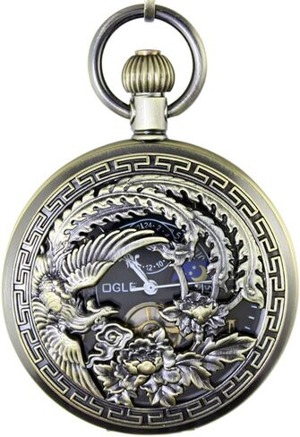 ساعة جيب ميكانيكية أوتوماتيكية مقاومة للماء من OGLE باللون البرونزي فينيكس باللون الأسود ومراحل توربيون القمر وسلسلة فوب in Kuwait