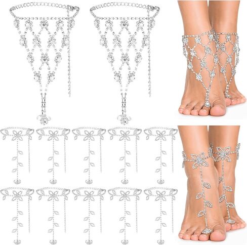 Yinkin 12 Pcs Foot Jewelry Barefoot Sandals for Women Bride Bridesmaid Beach Wedding Rhinestones Ankle Chain Silver Bohemian Foot Chain for Beach Wedding Valentine's Day in Saudi Arabia