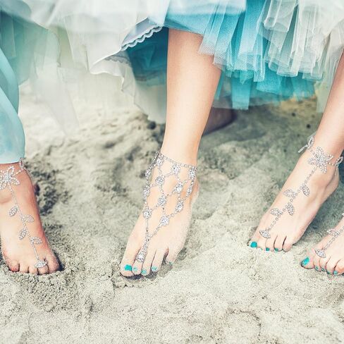 Yinkin 12 Pcs Foot Jewelry Barefoot Sandals for Women Bride Bridesmaid Beach Wedding Rhinestones Ankle Chain Silver Bohemian Foot Chain for Beach Wedding Valentine's Day in Saudi Arabia