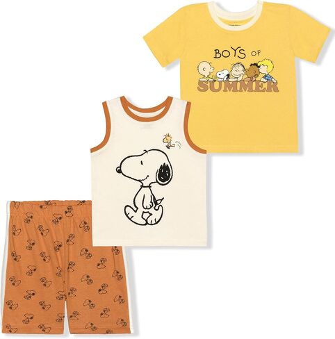 طقم تي شيرت وقميص بدون أكمام وسروال قصير للأولاد من Peanuts Snoopy للأولاد - أصفر/أزرق in Saudi Arabia