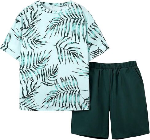 SweatyRocks Boy's 2 Piece Summer Outfits Tropical Print Short Sleeve Top and Elastic Waist Shorts Set in Saudi Arabia