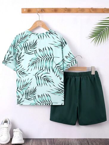 SweatyRocks Boy's 2 Piece Summer Outfits Tropical Print Short Sleeve Top and Elastic Waist Shorts Set in Saudi Arabia