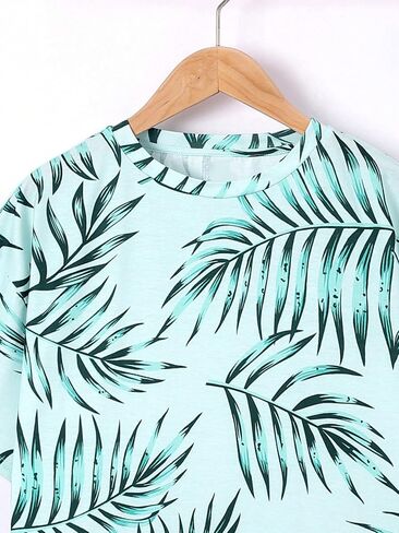SweatyRocks Boy's 2 Piece Summer Outfits Tropical Print Short Sleeve Top and Elastic Waist Shorts Set in Saudi Arabia