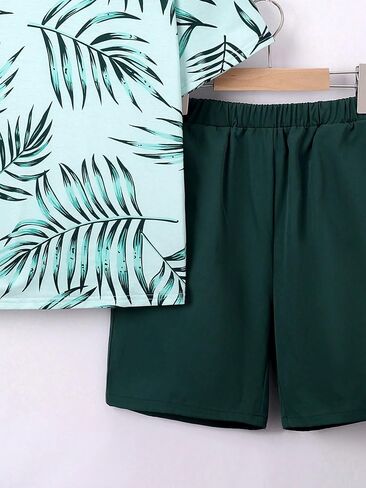 SweatyRocks Boy's 2 Piece Summer Outfits Tropical Print Short Sleeve Top and Elastic Waist Shorts Set in Saudi Arabia