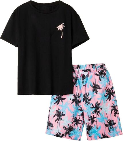 SweatyRocks Boy's 2 Piece Summer Outfits Tropical Print Short Sleeve Top and Elastic Waist Shorts Set in Saudi Arabia