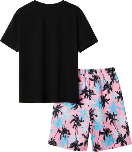 SweatyRocks Boy's 2 Piece Summer Outfits Tropical Print Short Sleeve Top and Elastic Waist Shorts Set in Saudi Arabia