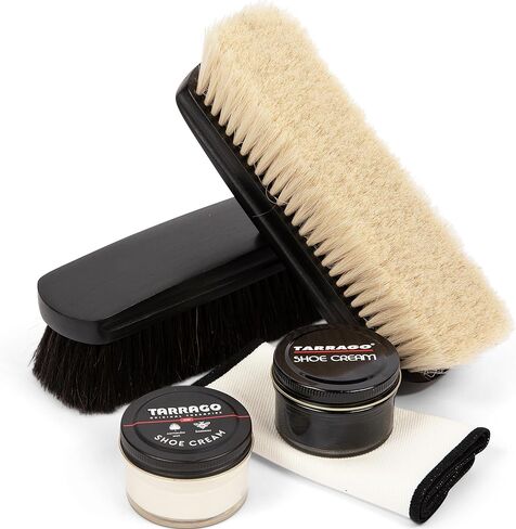 Tarrago Shoe Shine Kit - Shoe Cream (Black and Neutral), Large Horsehair Brush (Black and White), and Shine Cloth - Complete Shoe Polish Kit in Kuwait