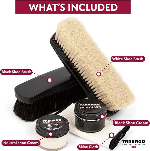 Tarrago Shoe Shine Kit - Shoe Cream (Black and Neutral), Large Horsehair Brush (Black and White), and Shine Cloth - Complete Shoe Polish Kit in Kuwait