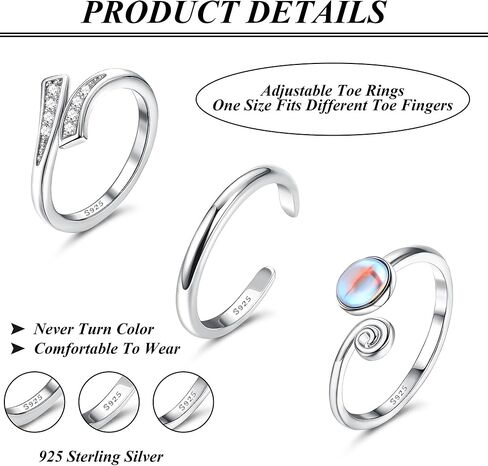 جريوي 3 قطع من خواتم اصبع القدم من الفضة الاسترلينية عيار 925 للنساء بتصميم عقدة سلتيك مفتوحة عند الاصابع مناسبة للشاطئ وحجر القمر, فضة استرلينية, حجر القمر in Kuwait
