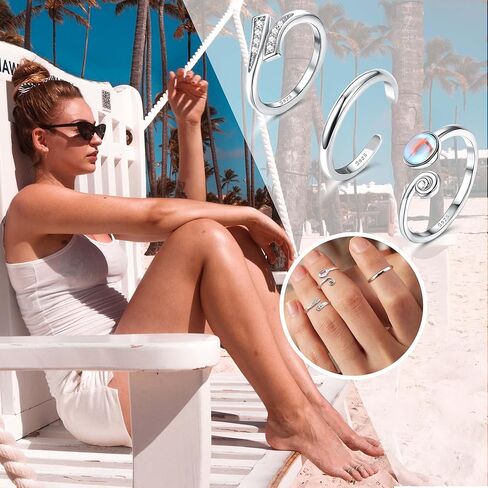 جريوي 3 قطع من خواتم اصبع القدم من الفضة الاسترلينية عيار 925 للنساء بتصميم عقدة سلتيك مفتوحة عند الاصابع مناسبة للشاطئ وحجر القمر, فضة استرلينية, حجر القمر in Kuwait