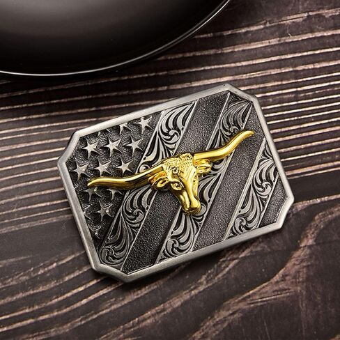 MASOP VOGU Men's Western Belt Buckles Longhorn Bull Belt Buckle American Flag Cowboy Country Belts for Men in Kuwait
