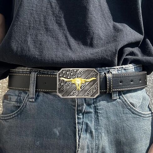MASOP VOGU Men's Western Belt Buckles Longhorn Bull Belt Buckle American Flag Cowboy Country Belts for Men in Kuwait