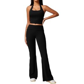 ABOCIW Women's 2 Piece Outfits Foldover Flare Pants Padded Longline Halter Sports Bra Workout Sets