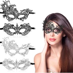 4Pcs Black Masquerade Lace Mask, Lace Eye Masks for Venetian Masquerade Costume Halloween Carnival Ball