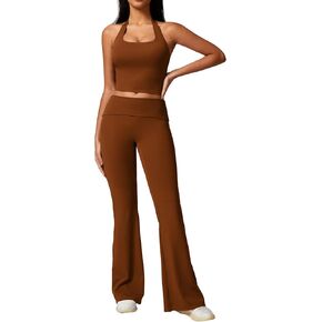 ABOCIW Women's 2 Piece Outfits Foldover Flare Pants Padded Longline Halter Sports Bra Workout Sets