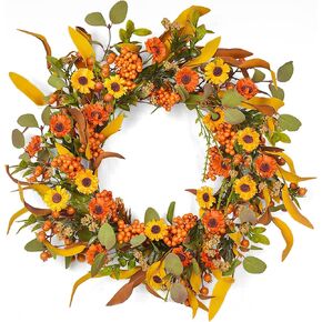 Dremisland Artificial Fall Floral Wreath 20 Inch Orange Daisy Wreath Fall Harvest Wreath for Front Door Autumn Wildflowers Wreath Wall Window Decor Thanksgiving & Halloween Festival Decor
