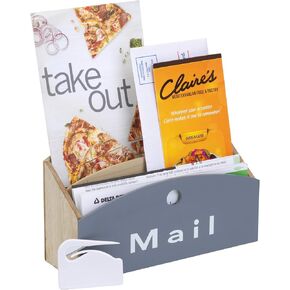 2-Tier Wood Desktop Mail Organizer with Mail Opener - Gray and Wood Color Modern Rustic Style, Ideal for Home and Office Use