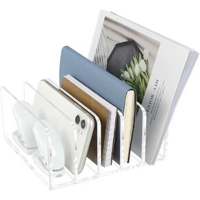Acrylic Mail Organizer, 5 Compartments Desk File Holder, Clear Letter Folder Racks for Office Home School, Desktop Document Sorter for Bill, Notebook, Envelope, Electronic Product, Cosmetics
