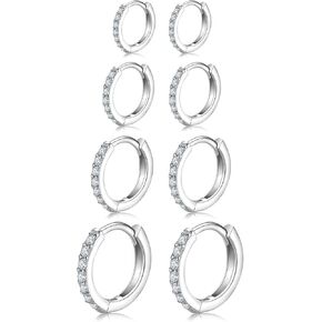 4 Pairs 925 Sterling Silver Small Hoop Earrings, 14K White Gold Plated Cubic Zirconia Huggie Earrings, Ear Cuff Tiny Cartilage Hoop Earrings for Women Men 6mm 8mm 10mm 12mm