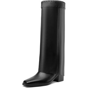 Castamere Fold Over Boots Shark Boots Womens Chunky Block Mid Heel Square Toe Knee High Boots Slip-on Party Dress Tall Boots